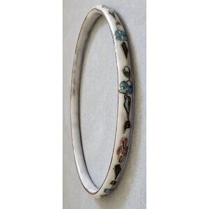 Vintage Cloisonné Large White Pink Green Flower Enamel Bangle Bracelet